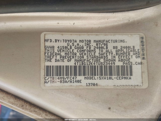1996 Toyota Camry Dx/le/xle მანქანა იყიდება აუქციონზე, vin: 4T1BG12K4TU823449, აუქციონის ნომერი: 45759511