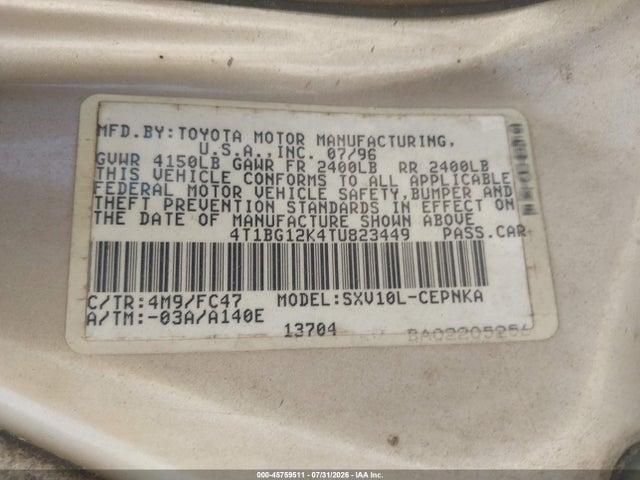 1996 Toyota Camry Dx/le/xle მანქანა იყიდება აუქციონზე, vin: 4T1BG12K4TU823449, აუქციონის ნომერი: 45759511