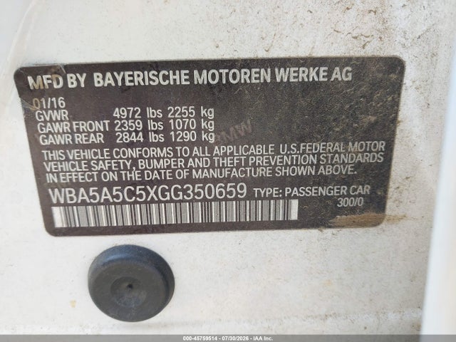 Aukcja sprzedaży 2016 Bmw 528i, vin: WBA5A5C5XGG350659, numer aukcji: 45759514