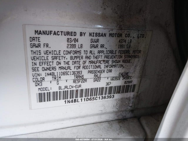 Aukcja sprzedaży 2005 Nissan Altima 3.5 Se, vin: 1N4BL11D65C136393, numer aukcji: 45759594