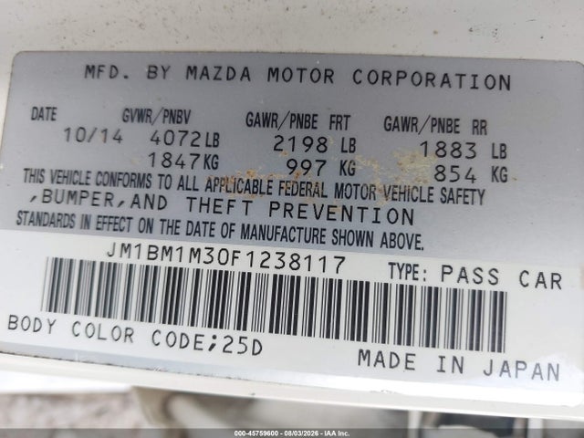 Продаж на аукціоні авто 2015 Mazda Mazda3 S Grand Touring, vin: JM1BM1M30F1238117, номер лоту: 45759600