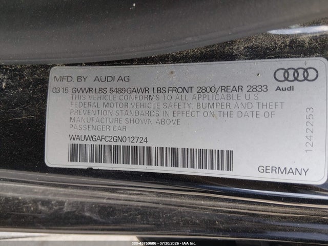2016 Audi A7 3.0 Premium Plus მანქანა იყიდება აუქციონზე, vin: WAUWGAFC2GN012724, აუქციონის ნომერი: 45759606