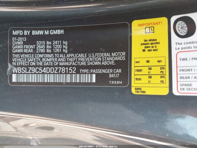 45759607 :رقم المزاد ، WBSLZ9C54DDZ78152 vin ، 2013 Bmw M6 مزاد بيع
