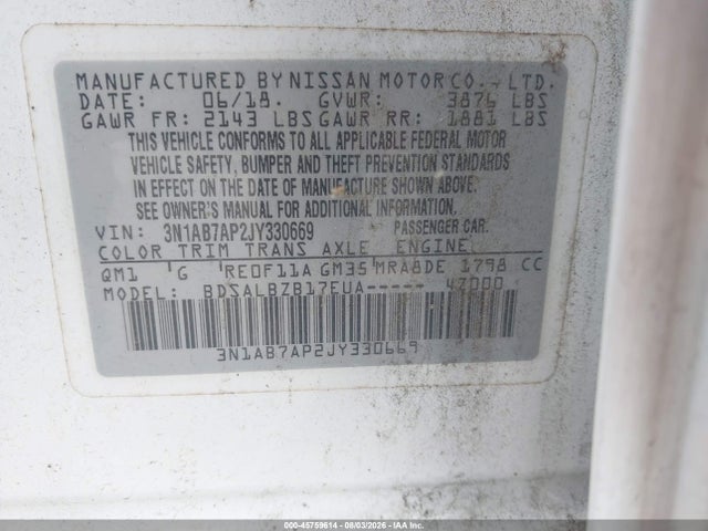 Продаж на аукціоні авто 2018 Nissan Sentra S, vin: 3N1AB7AP2JY330669, номер лоту: 45759614