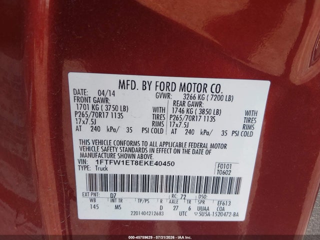Продаж на аукціоні авто 2014 Ford F-150 Xlt, vin: 1FTFW1ET8EKE40450, номер лоту: 45759629
