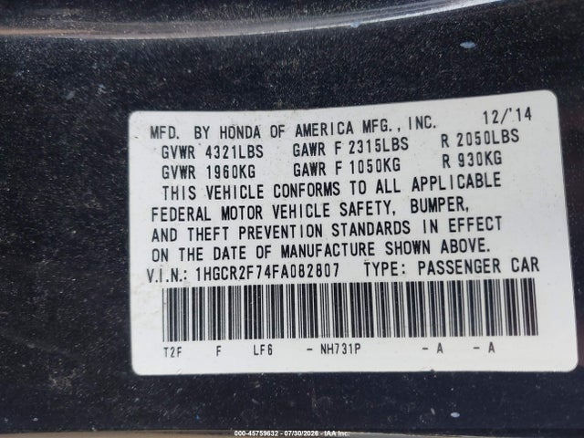 2015 Honda Accord Ex მანქანა იყიდება აუქციონზე, vin: 1HGCR2F74FA082807, აუქციონის ნომერი: 45759632