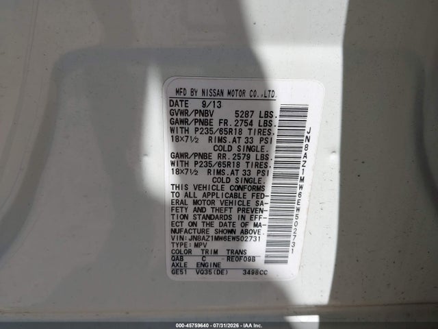Продаж на аукціоні авто 2014 Nissan Murano Sl, vin: JN8AZ1MW6EW502731, номер лоту: 45759640
