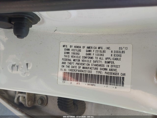 Aukcja sprzedaży 2013 Honda Accord Ex-l, vin: 1HGCR2F86DA201592, numer aukcji: 45759646