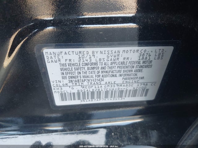3N1AB7AP7KY431434 Nissan SENTRA SV