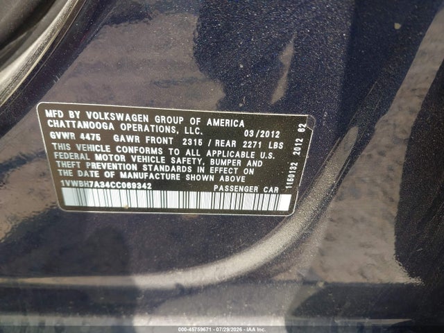 Aukcja sprzedaży 2012 Volkswagen Passat 2.5l Se, vin: 1VWBH7A34CC069342, numer aukcji: 45759671