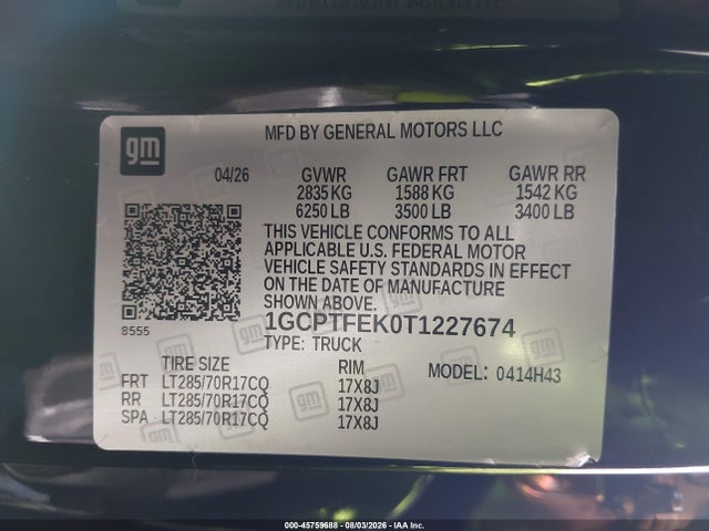 Aukcja sprzedaży 2026 Chevrolet Colorado Zr2, 4wd, vin: 1GCPTFEK0T1227674, numer aukcji: 45759688