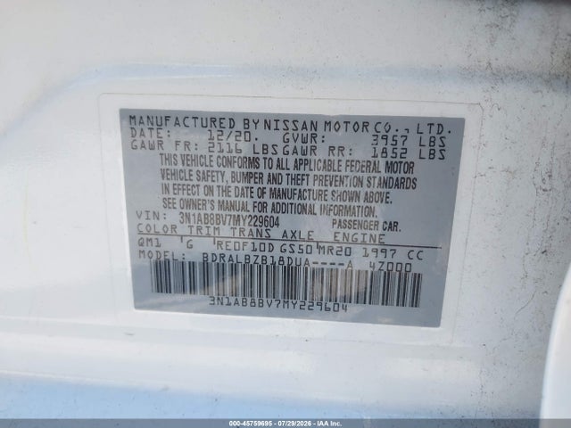 2021 Nissan Sentra S Xtronic Cvt მანქანა იყიდება აუქციონზე, vin: 3N1AB8BV7MY229604, აუქციონის ნომერი: 45759695