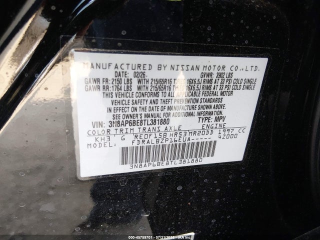 45759701 :رقم المزاد ، 3N8AP6BE8TL381880 vin ، 2026 Nissan Kicks S مزاد بيع