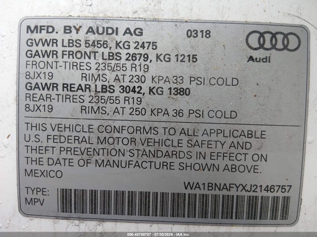 Продаж на аукціоні авто 2018 Audi Q5 2.0t Premium/2.0t Tech Premium, vin: WA1BNAFYXJ2146757, номер лоту: 45759707