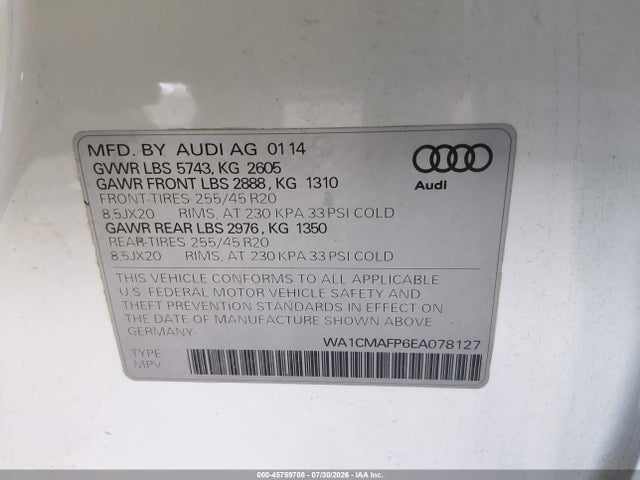 WA1CMAFP6EA078127 Audi Q5 3.0 Tdi Premium Plus