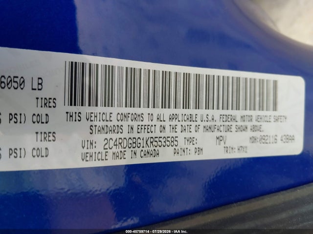 Продажа на аукционе авто 2019 Dodge Grand Caravan Se, vin: 2C4RDGBG1KR553585, номер лота: 45759714