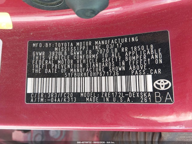 5YFBURHE0HP671736 Toyota COROLLA SE