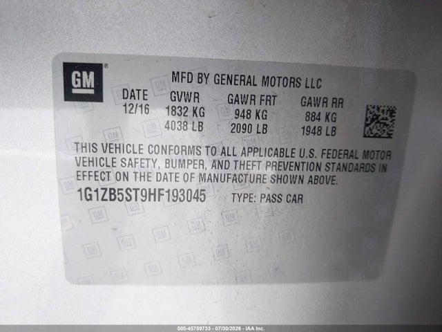 Продажа на аукционе авто 2017 Chevrolet Malibu Ls, vin: 1G1ZB5ST9HF193045, номер лота: 45759733