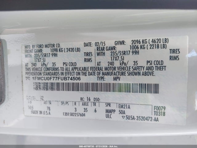 45759735 :رقم المزاد ، 1FMCU0F77FUB74506 vin ، 2015 Ford Escape S مزاد بيع