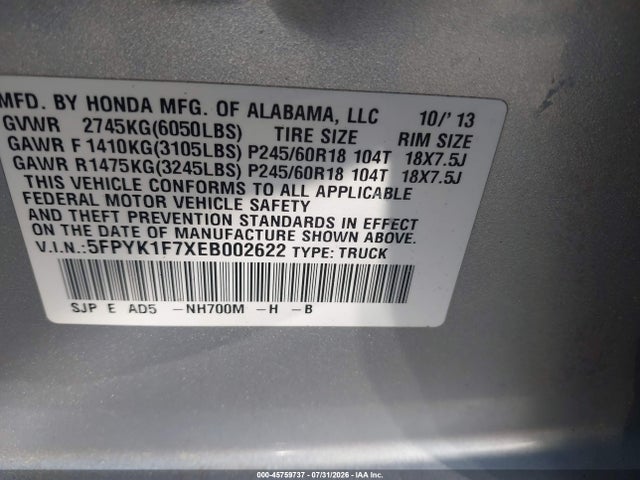 Honda Ridgeline Sport 2014 5FPYK1F7XEB002622 Image 9