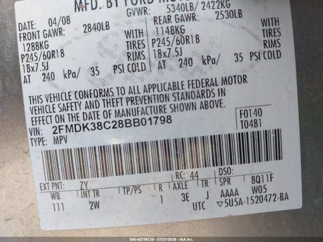 45759739 :رقم المزاد ، 2FMDK38C28BB01798 vin ، 2008 Ford Edge Sel مزاد بيع