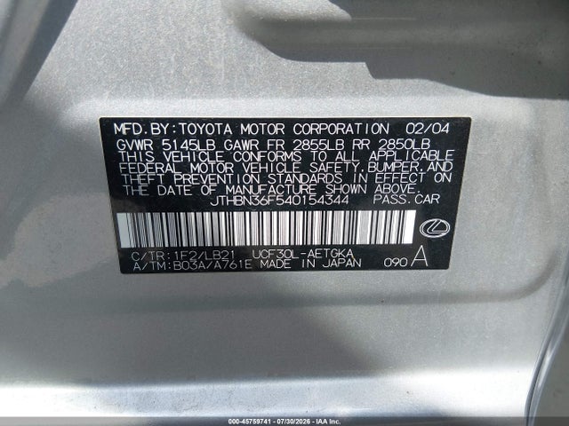 Aukcja sprzedaży 2004 Lexus Ls 430, vin: JTHBN36F540154344, numer aukcji: 45759741