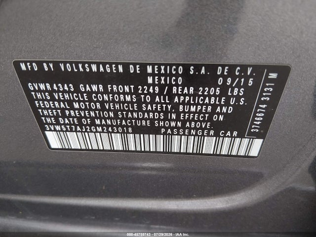 Aukcja sprzedaży 2016 Volkswagen Jetta 2.0t Gli Se, vin: 3VW5T7AJ2GM243018, numer aukcji: 45759743