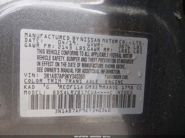 2019 Nissan Sentra Sr მანქანა იყიდება აუქციონზე, vin: 3N1AB7AP9KY340360, აუქციონის ნომერი: 45759764