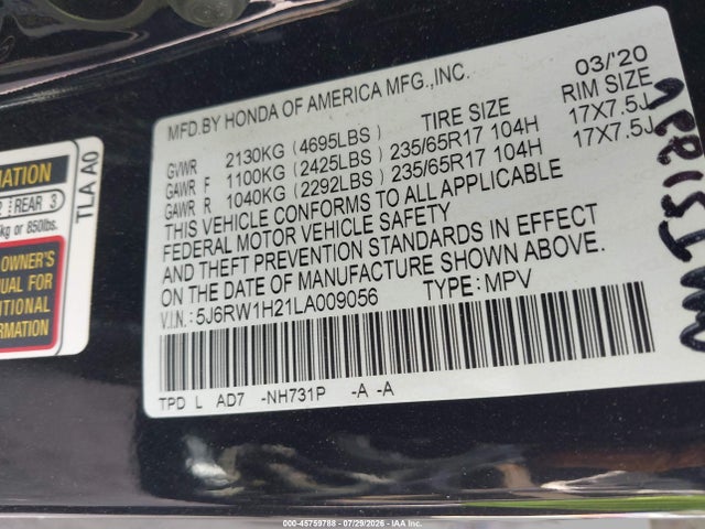 2020 Honda Cr-v 2wd Lx მანქანა იყიდება აუქციონზე, vin: 5J6RW1H21LA009056, აუქციონის ნომერი: 45759788