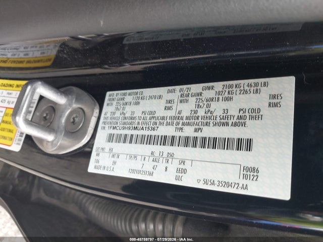 2021 Ford Escape Sel მანქანა იყიდება აუქციონზე, vin: 1FMCU9H93MUA15367, აუქციონის ნომერი: 45759797