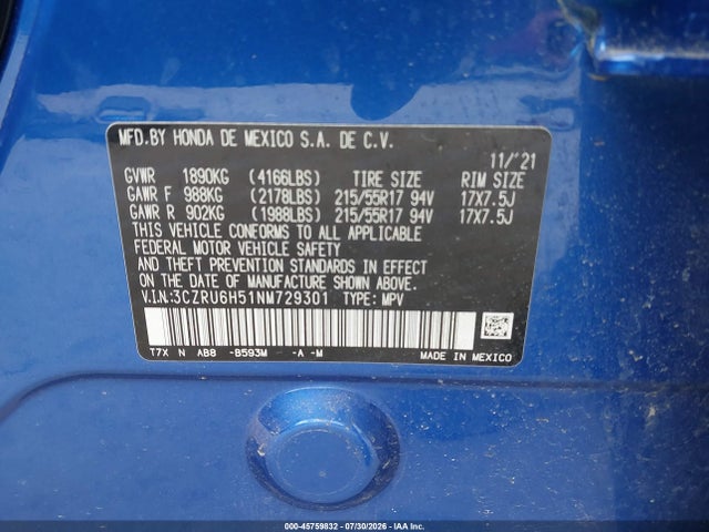 2022 Honda Hr-v Awd Ex მანქანა იყიდება აუქციონზე, vin: 3CZRU6H51NM729301, აუქციონის ნომერი: 45759832
