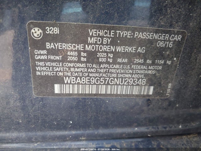 45759874 :رقم المزاد ، WBA8E9G57GNU29348 vin ، 2016 Bmw 328i مزاد بيع