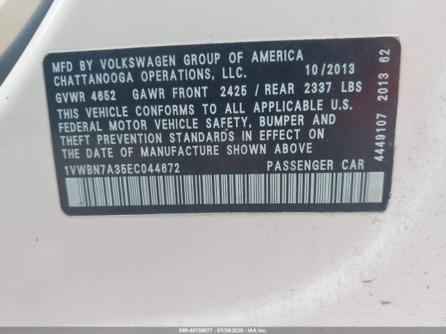 Aukcja sprzedaży 2014 Volkswagen Passat 2.0l Tdi Se, vin: 1VWBN7A35EC044672, numer aukcji: 45759877