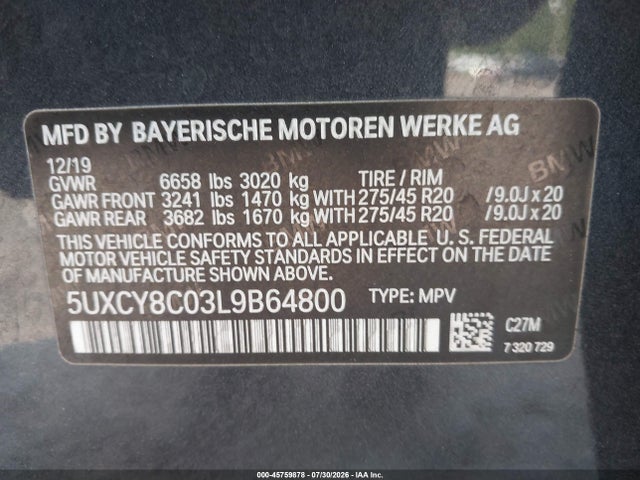 45759878 :رقم المزاد ، 5UXCY8C03L9B64800 vin ، 2020 Bmw X6 M50i مزاد بيع