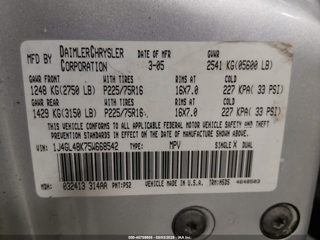 Aukcja sprzedaży 2005 Jeep Liberty Sport, vin: 1J4GL48K75W668542, numer aukcji: 45759908