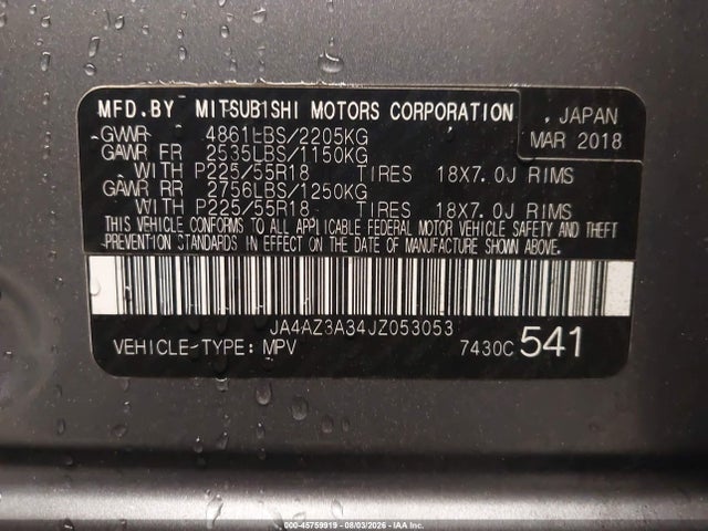 45759919 :رقم المزاد ، JA4AZ3A34JZ053053 vin ، 2018 Mitsubishi Outlander Es مزاد بيع