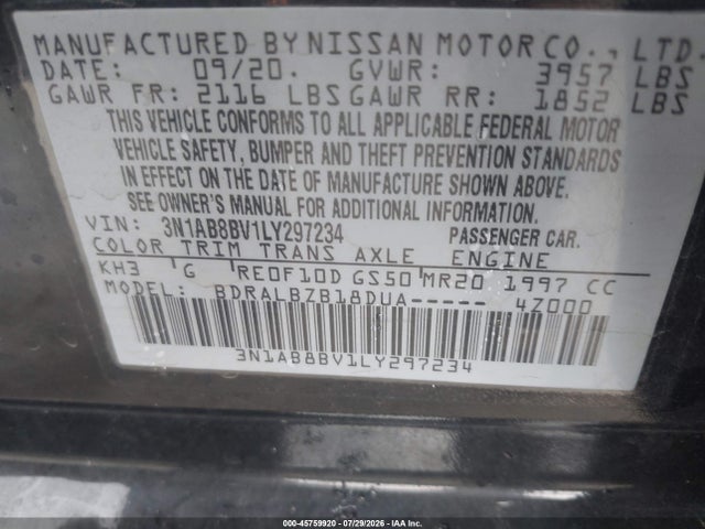 Продажа на аукционе авто 2020 Nissan Sentra S Xtronic Cvt, vin: 3N1AB8BV1LY297234, номер лота: 45759920