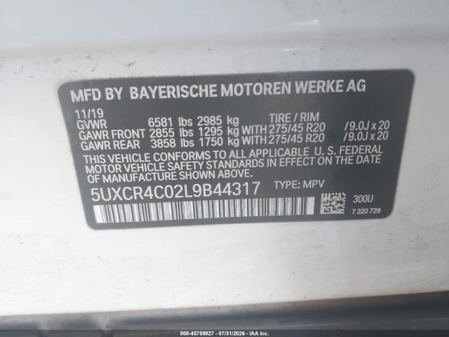 Продаж на аукціоні авто 2020 Bmw X5 Sdrive40i, vin: 5UXCR4C02L9B44317, номер лоту: 45759927