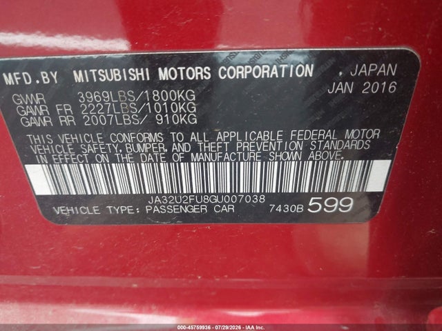 Aukcja sprzedaży 2016 Mitsubishi Lancer Es, vin: JA32U2FU8GU007038, numer aukcji: 45759936