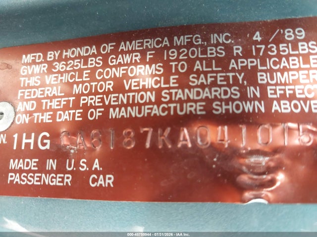 1989 Honda Accord Lxi მანქანა იყიდება აუქციონზე, vin: 1HGCA6187KA041015, აუქციონის ნომერი: 45759944