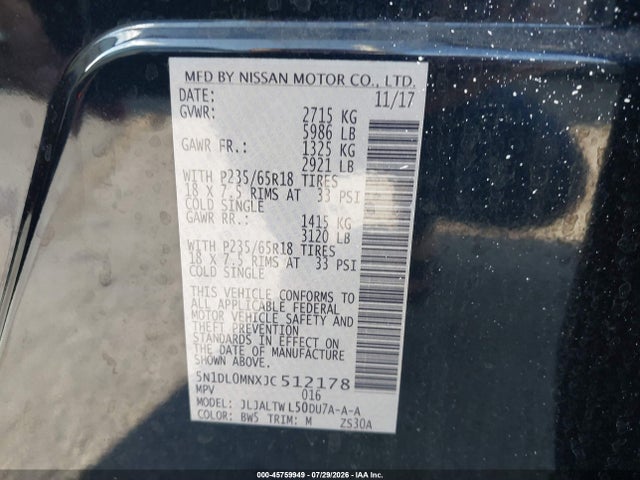 45759949 :رقم المزاد ، 5N1DL0MNXJC512178 vin ، 2018 Infiniti Qx60 مزاد بيع