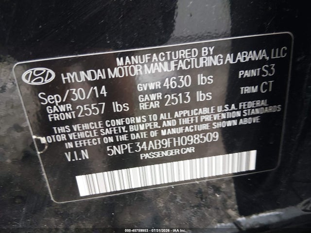 2015 Hyundai Sonata Sport 2.0t მანქანა იყიდება აუქციონზე, vin: 5NPE34AB9FH098509, აუქციონის ნომერი: 45759953