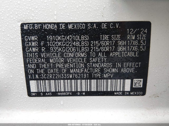 2025 Honda Hr-v Awd Lx მანქანა იყიდება აუქციონზე, vin: 3CZRZ2H33SM762191, აუქციონის ნომერი: 45759954