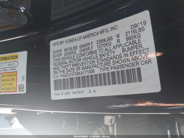45759959 :رقم المزاد ، 1HGCV1F33KA171006 vin ، 2019 Honda Accord Sport مزاد بيع