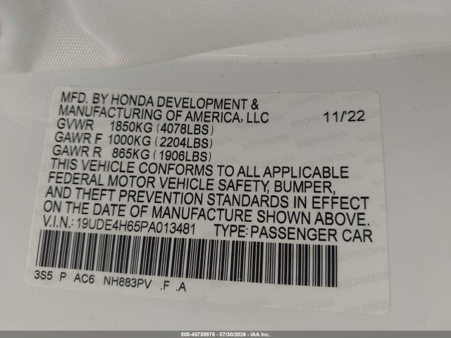 Auction sale of the 2023 Acura Integra A-spec Technology, vin: 19UDE4H65PA013481, lot number: 45759978