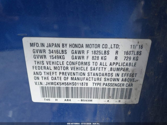 45759984 :رقم المزاد ، JHMGK5H56HS011878 vin ، 2017 Honda Fit Lx مزاد بيع