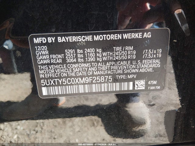 Aukcja sprzedaży 2021 Bmw X3 Xdrive30i, vin: 5UXTY5C0XM9F25875, numer aukcji: 45759986