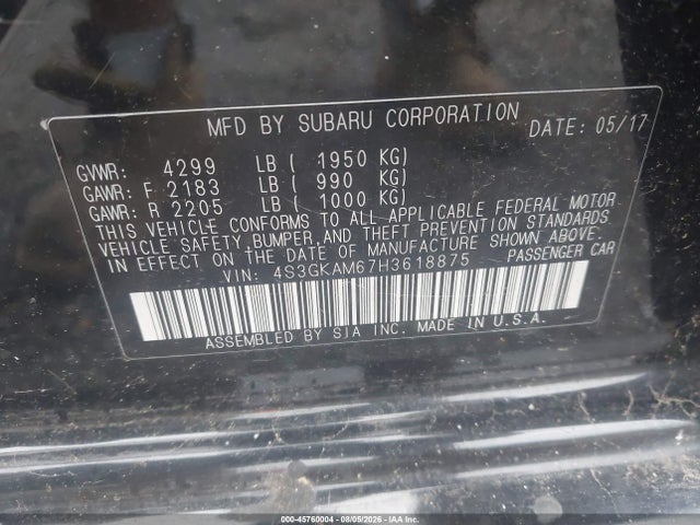 45760004 :رقم المزاد ، 4S3GKAM67H3618875 vin ، 2017 Subaru Impreza 2.0i Sport مزاد بيع