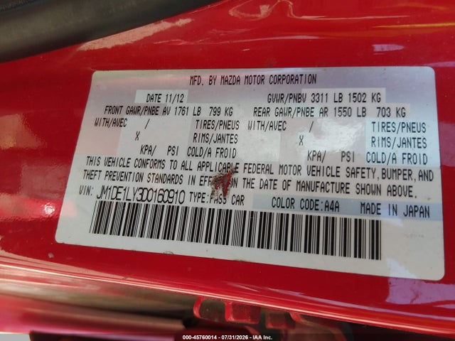 2013 Mazda Mazda2 Touring მანქანა იყიდება აუქციონზე, vin: JM1DE1LY3D0160910, აუქციონის ნომერი: 45760014