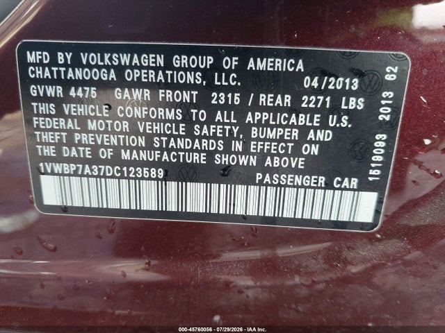 2013 Volkswagen Passat 2.5l Se მანქანა იყიდება აუქციონზე, vin: 1VWBP7A37DC123589, აუქციონის ნომერი: 45760056